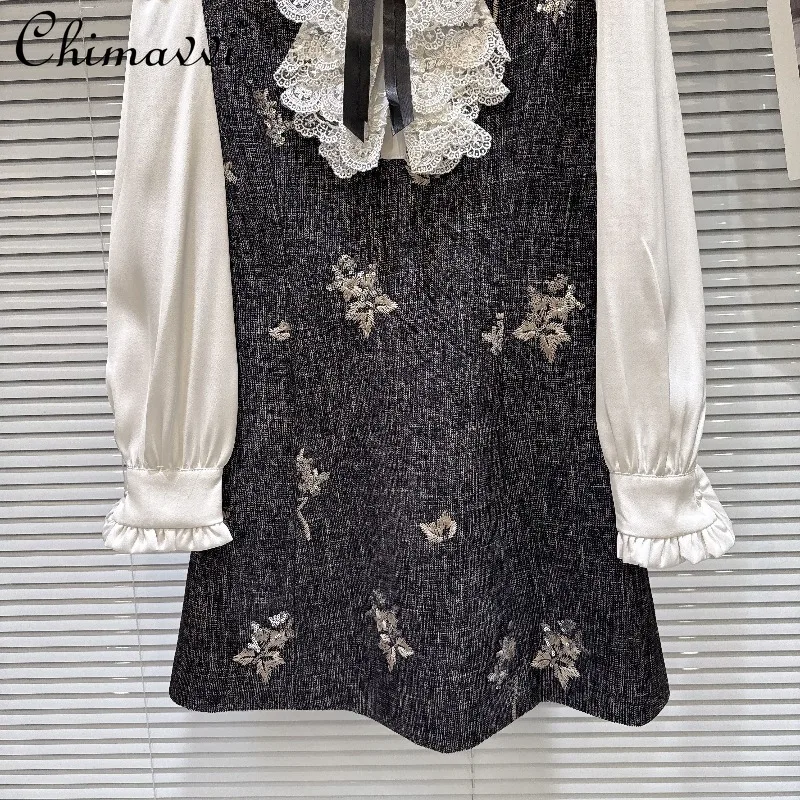 Winter New French Style Bowknot Sequin Shirt Patchwork Fake Two-piece Dress Women's Fashion Long Sleeve Elegant Dress Women