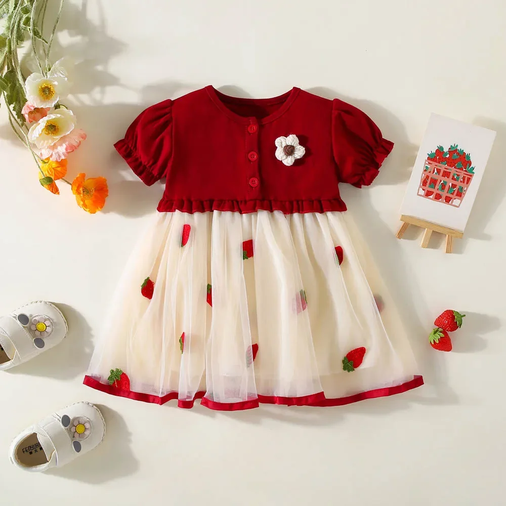 

Summer New Girl Baby Dress Sweet Princess Dress Small Flower Decorative Mesh Fluffy Dress Strawberry Strawberry Birthday Party