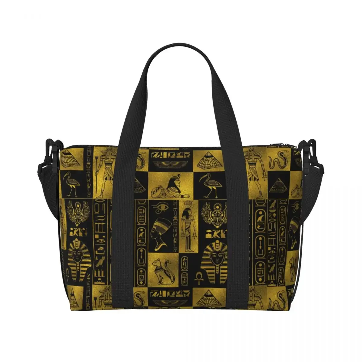 カスタムレトロエジプトゴールド象形文字とシンボルトートバッグ大容量エジプト象形文字ジムビーチショルダートラベルバッグ