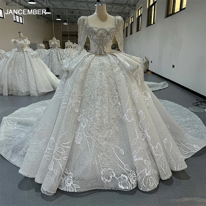 

Jancember Wedding Dresses 2024 For Women Square Collar Bridal Gowns Custom Full Sleevs Sequins Beaded Vestido de Novia MN235