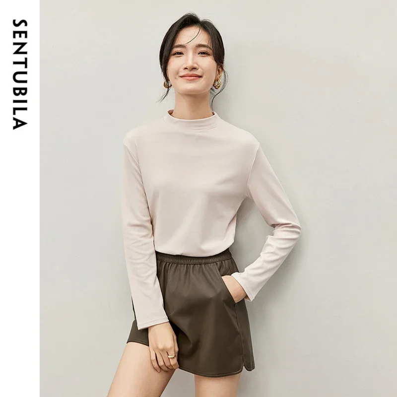 SENTUBILA ヴィンテージカジュアルセーター女性 2025 冬スタンドネックプルオーバーシンプルなスリムフィットドロップスリーブ暖かいニットトップス W44S57121
