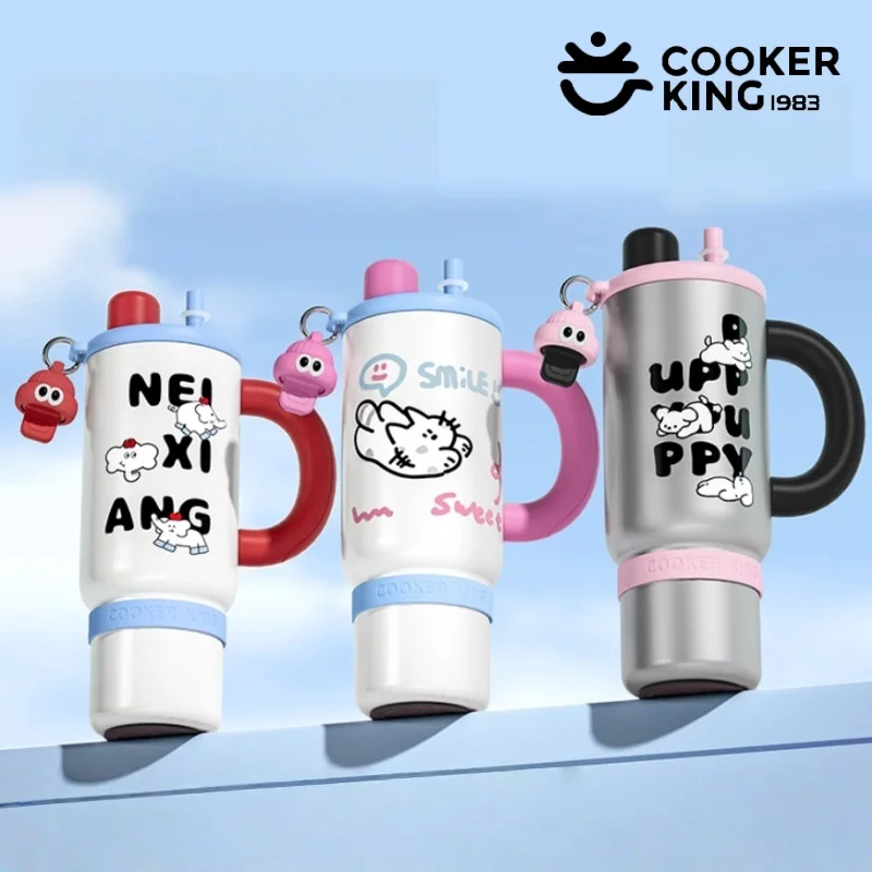 

COOKER KING Cartoon Insulated Water Bottle 1200ML Thermos Cup with Handle Stainless Steel Vacuum Mug with Tea Strainer＆Straw