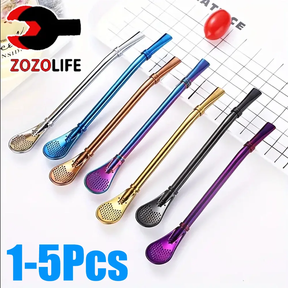 1-5Pcs Stainless Steel 304 Straw Spoon Tea Filter Reusable Spoon Filter Straw Yerba Mate Strainer for Bar Cocktail Accessories