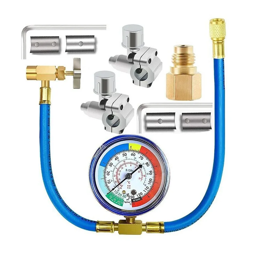 R134A Refrigerator Freon Recharge Hose Kit, R134A AC Refrigerant Charging Hose Gauge, Piercing Valve Hose Refrigerant