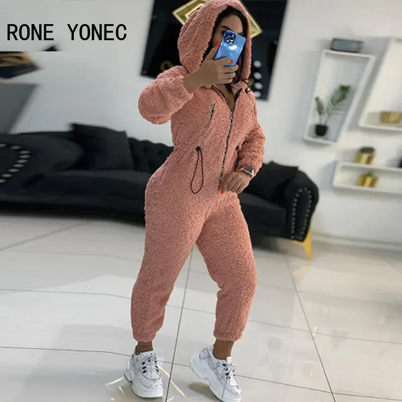 Women Elegant Solid Hooded Zipper Decoration Fleece Straight Leg Ankle- Length Casual Jumpsuit