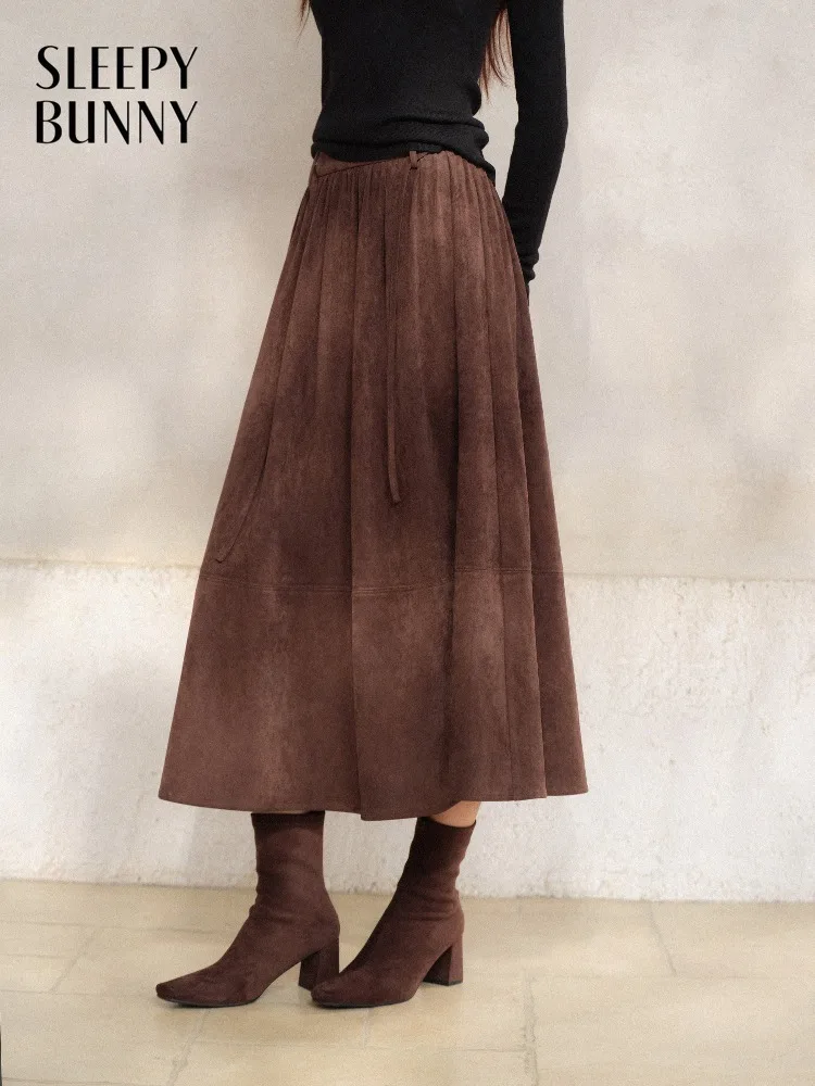 Women Spring Retro Cross Tie Waist Suede Midi Skirt Lady Petite Friendly Elegant A Line Skirt Casual Vintage Flowy Daily Skirt