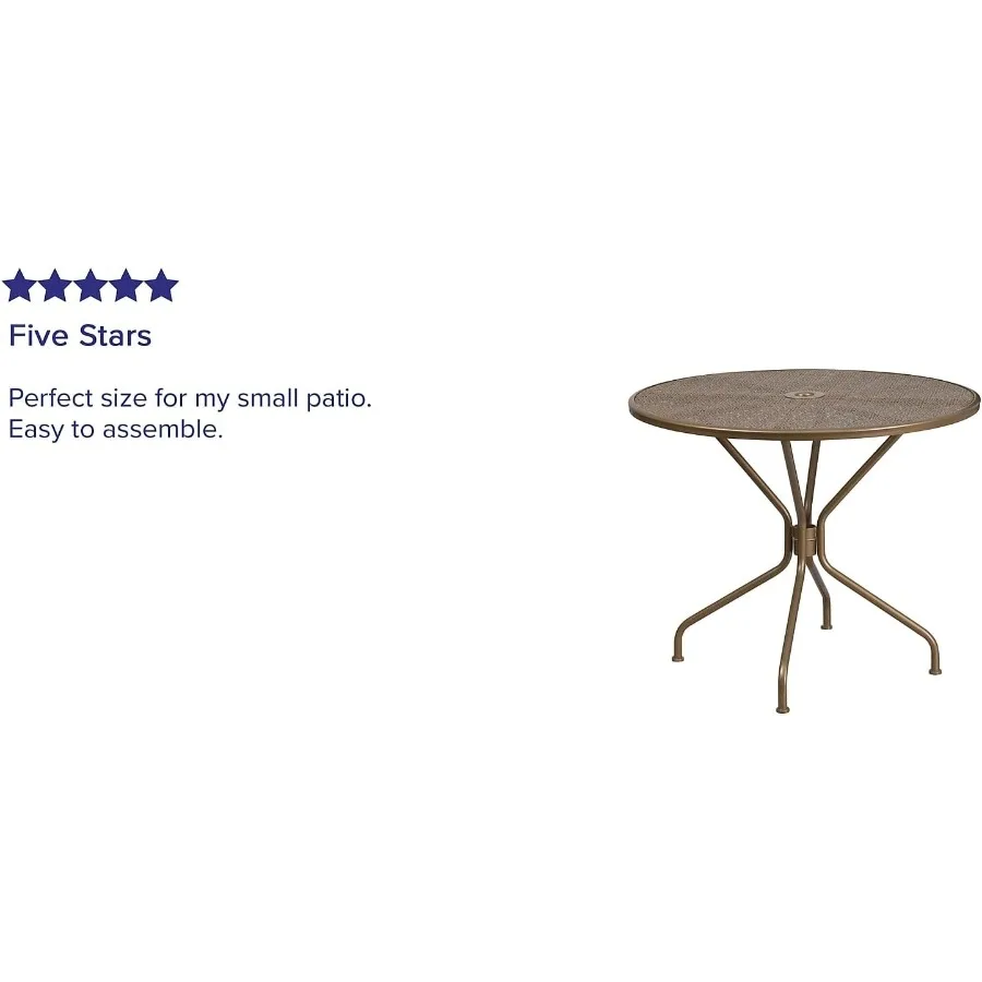 Tavolo da patio rotondo in acciaio per interni ed esterni in oro di grado commerciale 35,25 con foro per ombrellone, perfetto per cene all'aperto, cortili e giardini