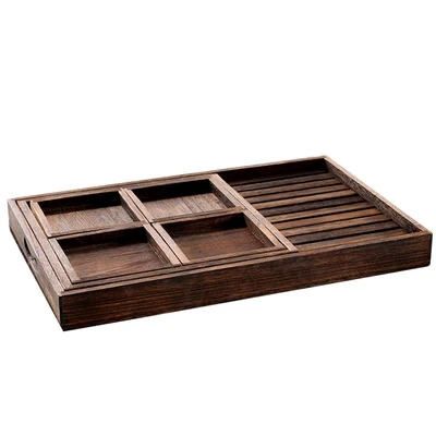 Japanese Burnt Tung Wood Tray Seven-Piece Home Rectangular Small Fruit Tray Solid Wood Snack Nut Tray Tea Tray