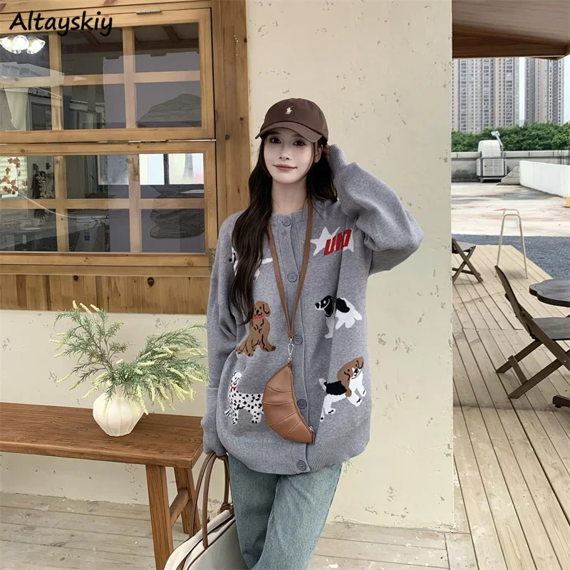 

Вязаные кардиганы женские 2024, уличная одежда, модные свитера с круглым вырезом и животным принтом, дизайн, универсальные свободные повседневные эстетические с длинными рукавами