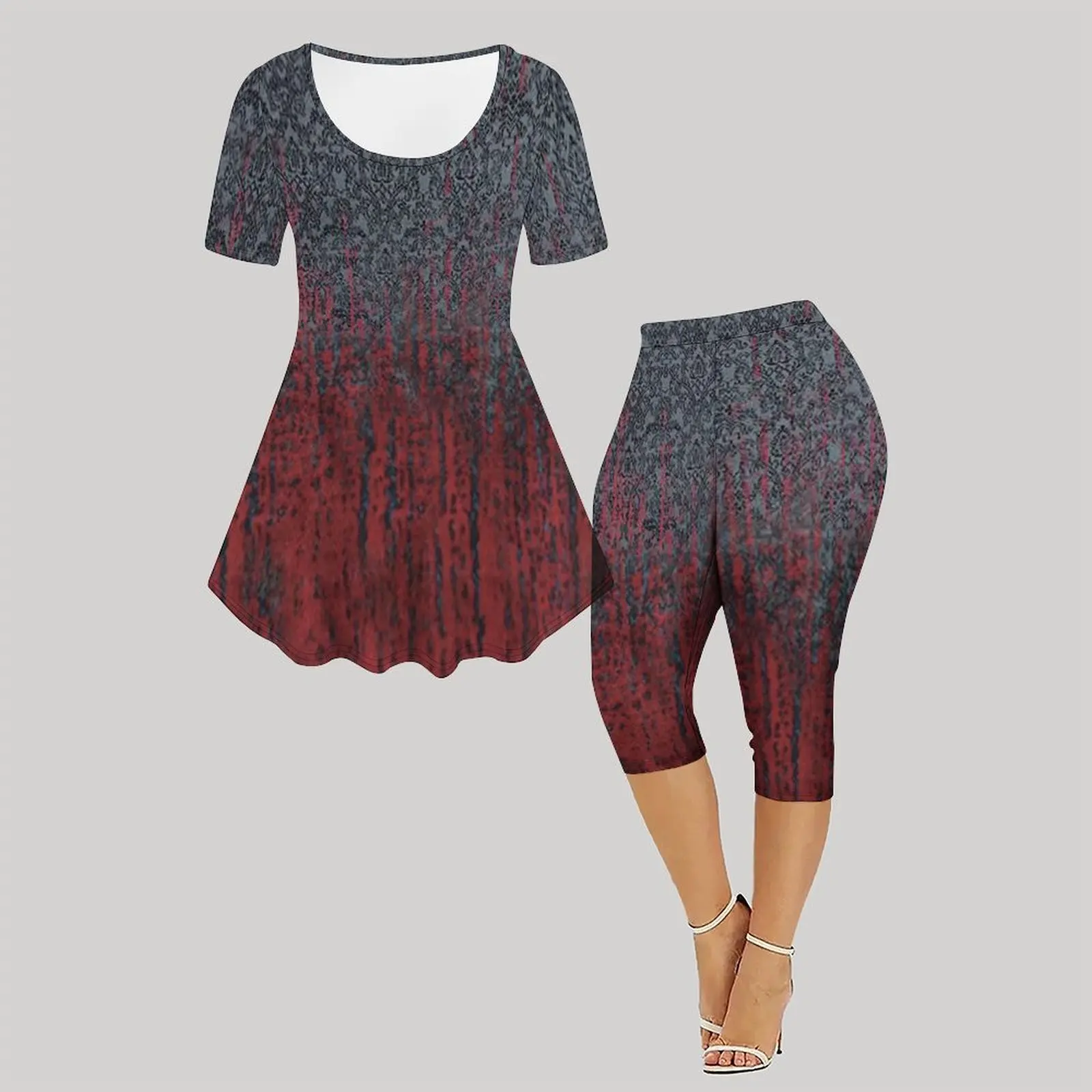 2pcs Vintage Print Two Piece Set Ladies Casual Short Sleeved Elegance Tops Everyday Street Jogging Pants