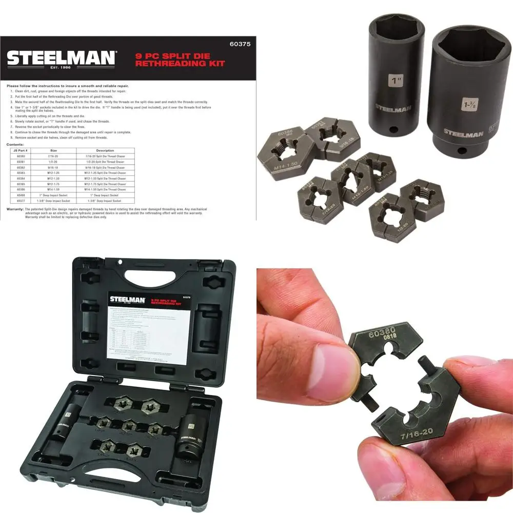 

Steelman 9-Piece Split Die Wheel Stud Repair/Rethreading Kit, Indexing Pins, Steel, Repairs Threads on Wheel Studs and Bolts, Tw