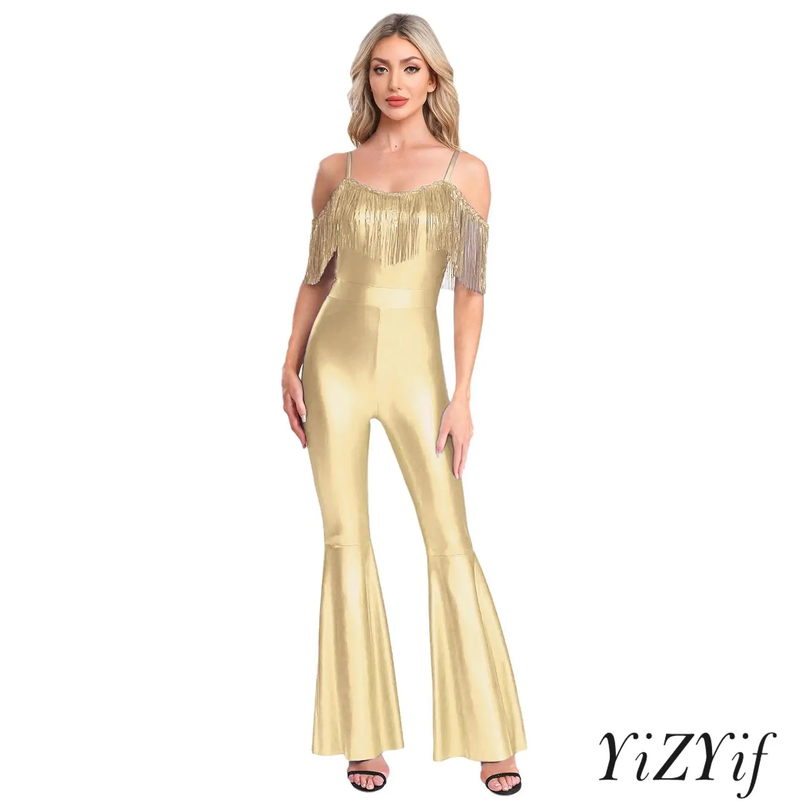 

Женский блестящий комбинезон на бретельках с блестками и кисточками без рукавов, длинные брюки-клеш, боди, комбинезон для театрализованного музыкального фестиваля