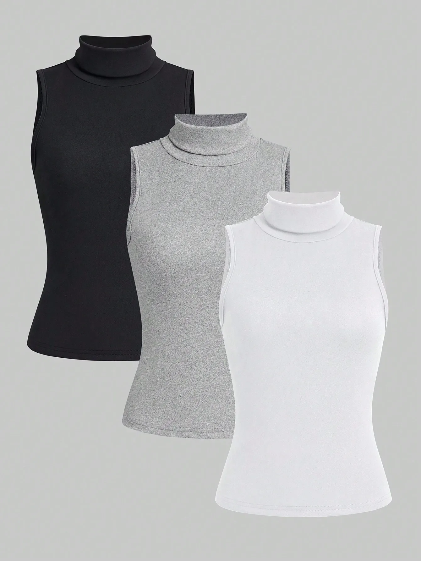 

3-Pack Women's Sleeveless Mock Neck Tank Tops - Black, Grey, White for Casual Everyday Wear