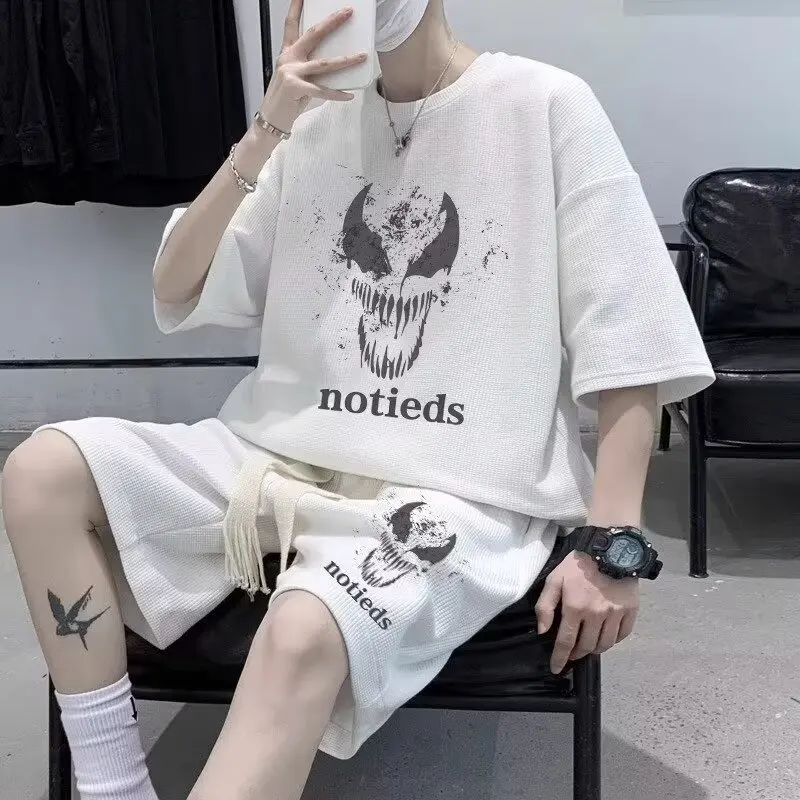 M-5XL Oversized Men's Set Trendy Printed T-shirts Shorts Waffle 2-piece Set Men Clothing Factory Direct Wholesale Price 2024 New