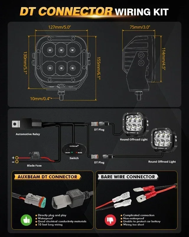 AUXBEAM 5 Inch 132W LED Driving Lights Spot Flood Combo Work Spotlights Pod Offroad LED DRL Lamp with DT Plug Wiring Harness