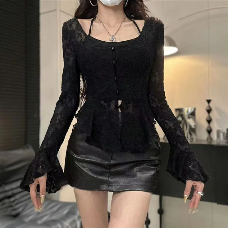 Flare Sleeve Cardigan Women Slim Fit Chic Lace Sweet Spicy Girls Korean Fashion Autumn Sexy All-match Stylish Ins Harajuku Mujer