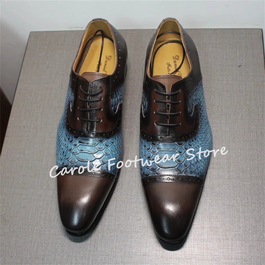 ファッション混合色ヘビ革パターンプリントローファー男性用手作り本革レースアップオックスフォード男性ビジネスドレスシューズ