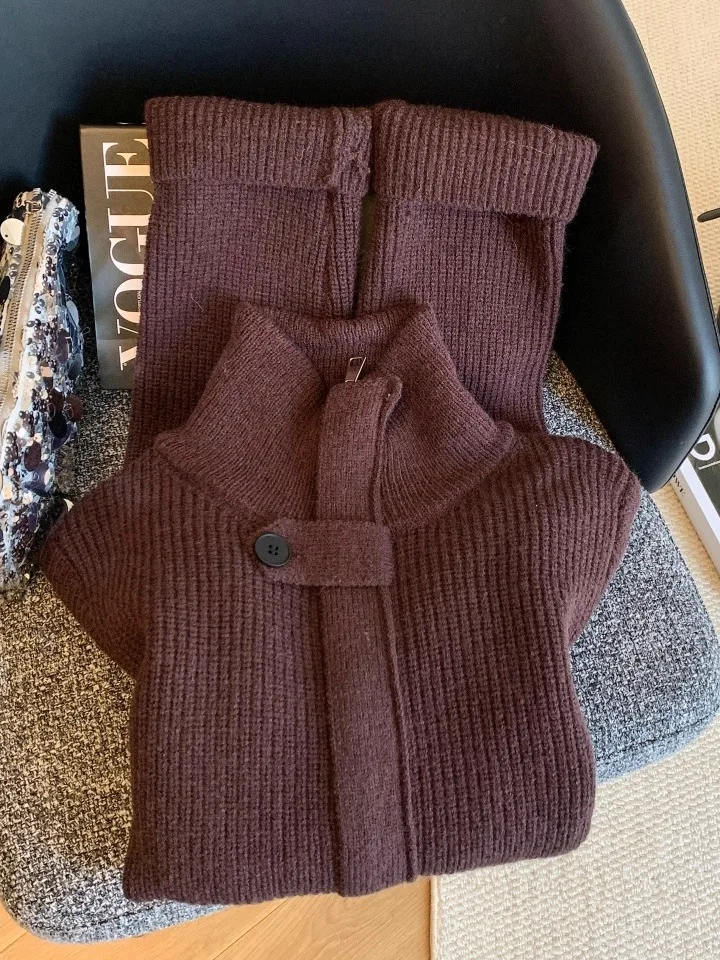 

High Collar Belted ort Knit Cardigan Women's Winter Faion Casual Loose Fit Korean Sle Coat High Waist Tie Design