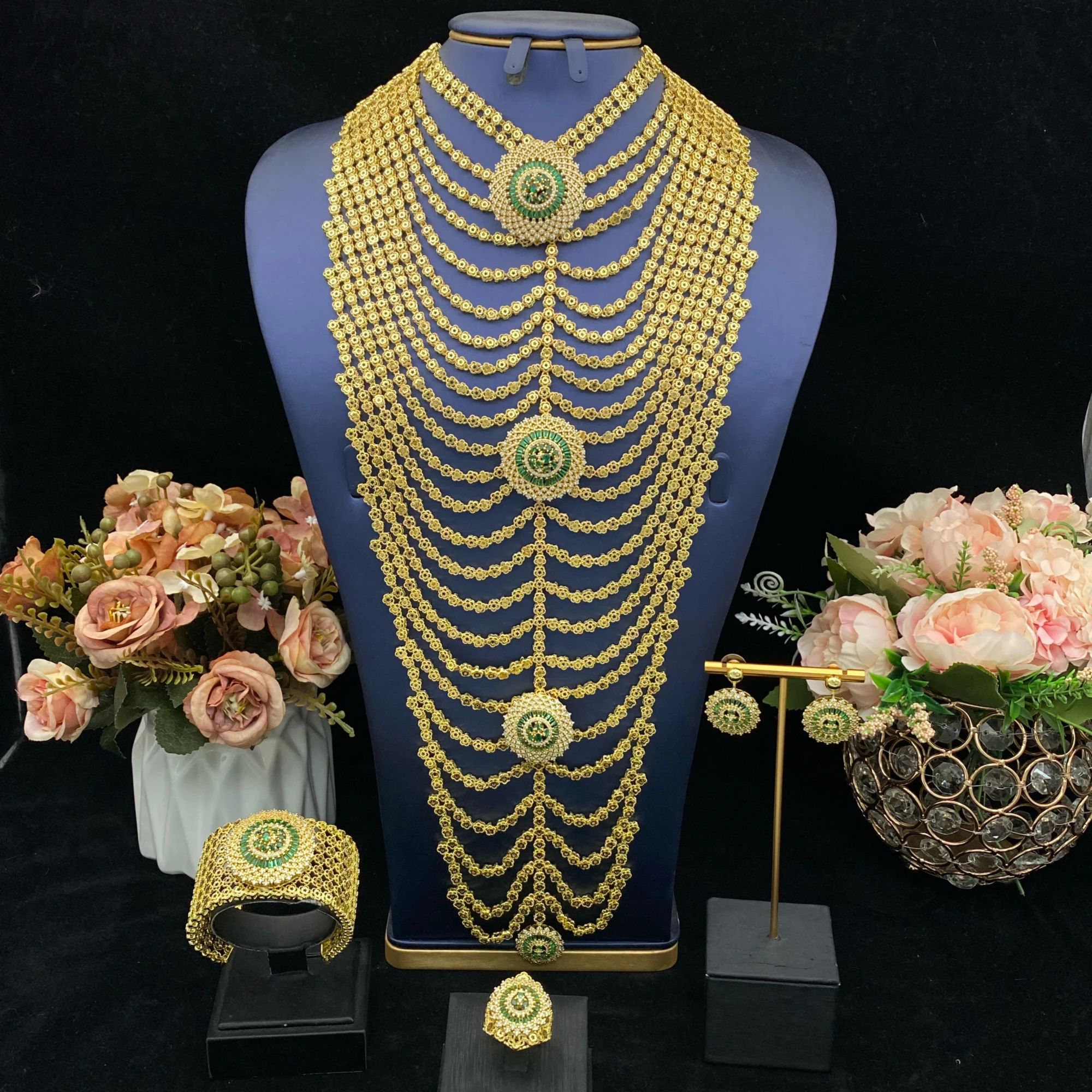 

JRH Premium Bridal Jewelry Set Luxury Zirconia 4Pc Set Multi-Layer Gold Plated Gift with Earrings Necklace Ring Bracelet