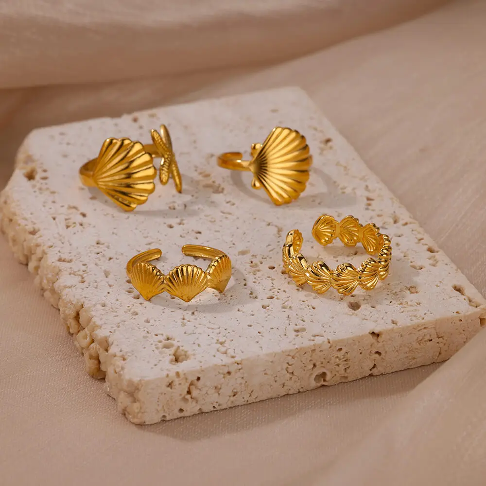Stainless Steel Shell Rings For Women Girls Aesthetic Gold Color Finger Ring 2024 Trend Summer Wedding Jewelry Beach Gift Bague
