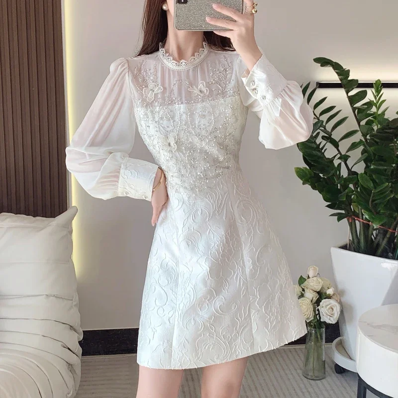 White Jacquard Beading Dress Women Lantern Sleeve High Waisted Bodycon Clothing Elegant Vintage Luxury Design Vestido