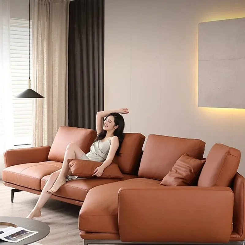 Light luxury Italian modern leather sofa combination living room corner special-shaped chaise leather sofa