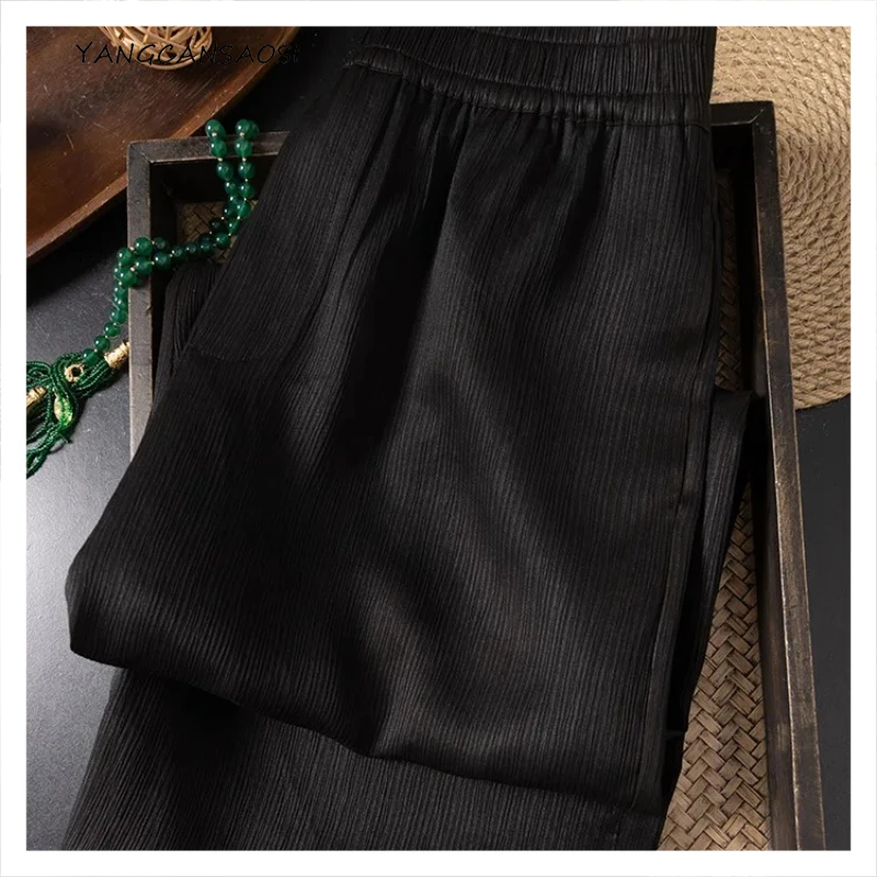 

Women's Fashion Clothing Elastic Waist 100% Natural Mulberry Silk Gambiered Guangdong Gauze Black Vertical Stripe Casual Pants