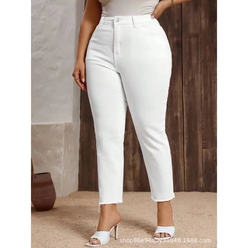 Cross-Border European and American White Stretch Denim Straight-Leg Pants Cigarette PantsTEMUAmazonSHEINForeign Trade Factory Ov