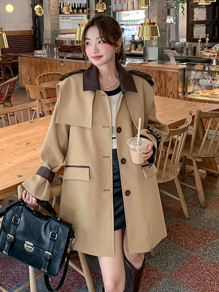

SuperAen Autumn and Winter New Mid-length Women's Casual Trench Design PU Lapel Patchwork Fashion Loose Oversize Korean Coats