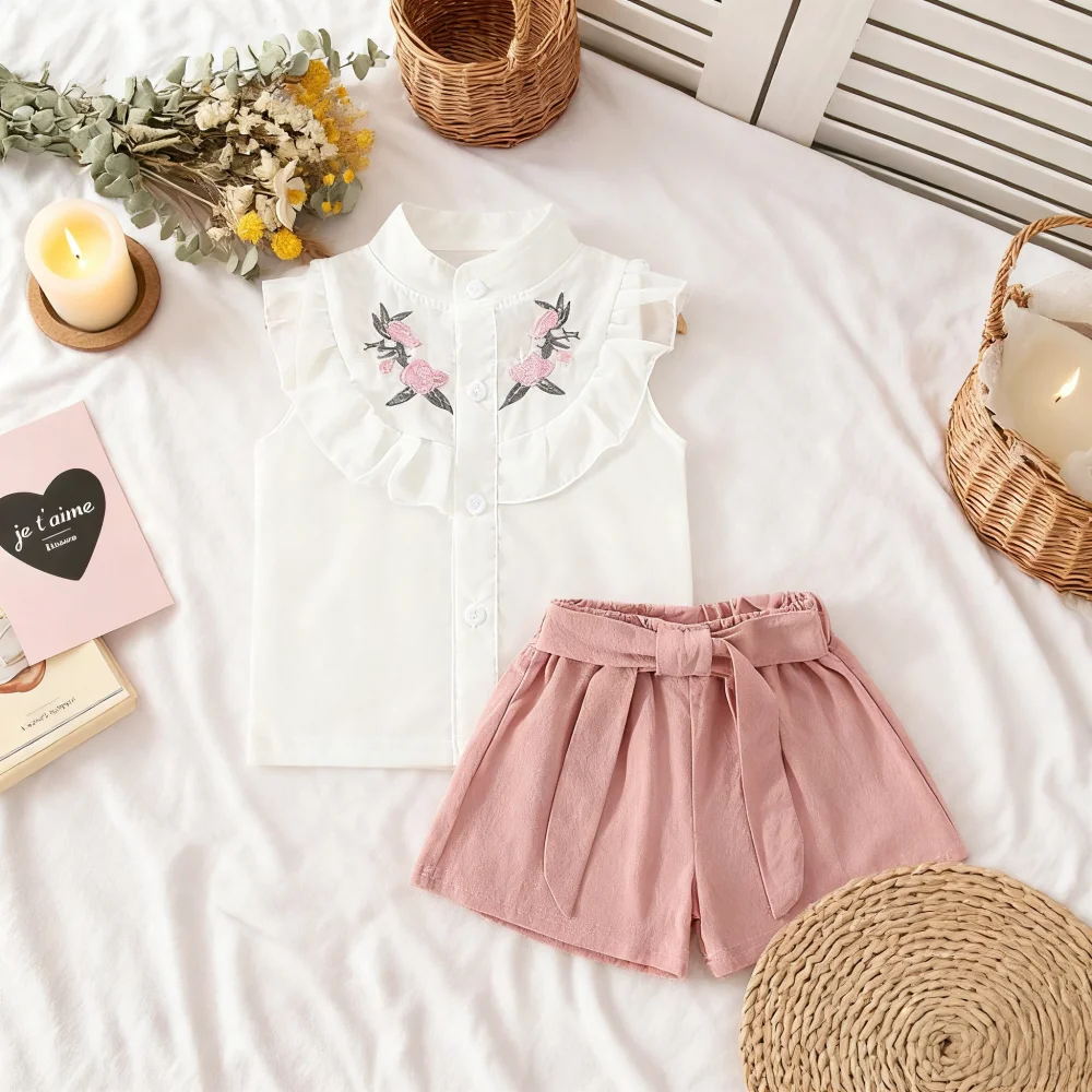 

Комплект для маленьких девочек, летний топ и шорты с цветочной вышивкой, одежда для маленьких девочек, милый хлопковый детский пляжный наряд