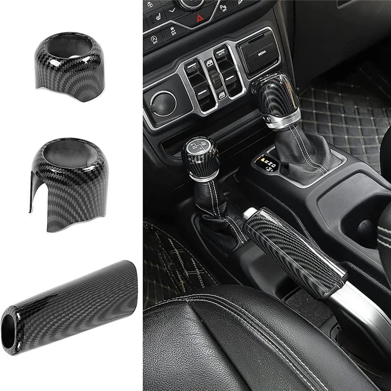 Handbrake Cover + Gear Shift Knob Cover + Drive Mode Shift Knob Cover for 2018-2022 Jeep Wrangler JL JLU (Carbon Fiber)