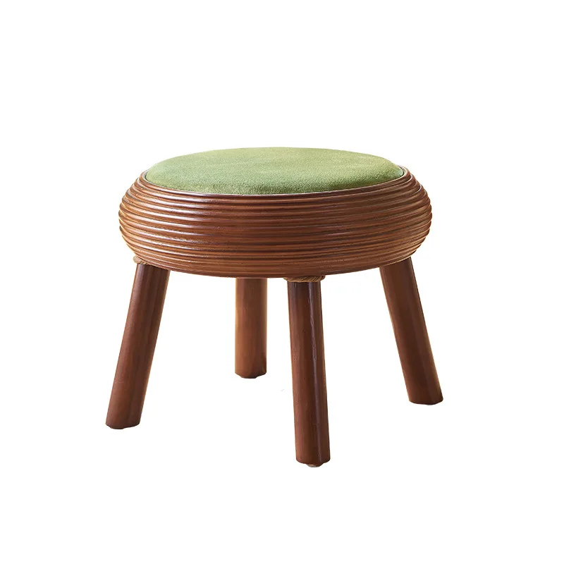 Medieval style living room round shoe change stool plant rattan soft bag seat cushion low stool party solid wood stool tea table