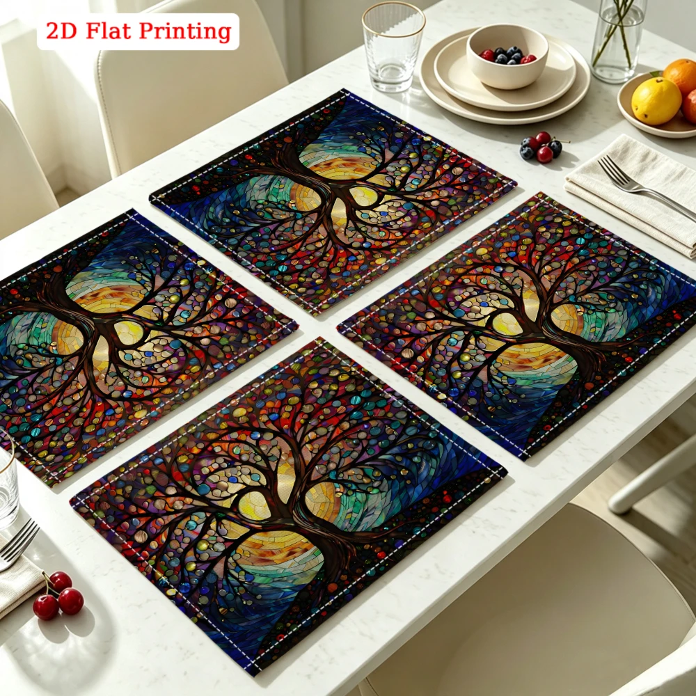 2Pcs Artistic Tree Of Life Placemat Multicolor Stained Glass Pattern Table Mat For Dining Kitchen Home Decor Protection 30X40Cm