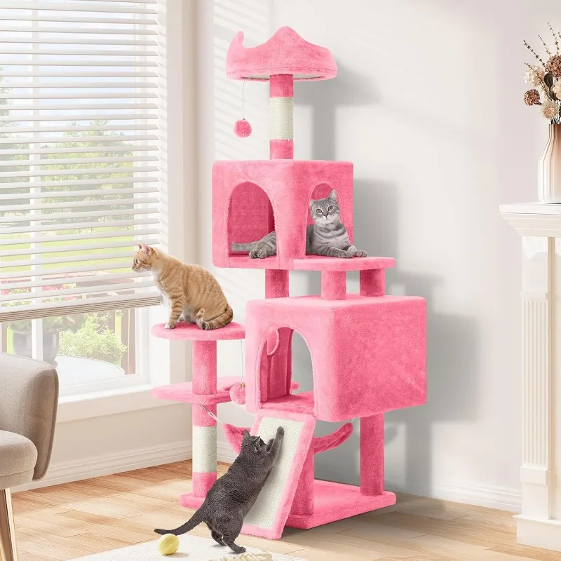 54in Cat Tree Tower for Indoor Cats, Multi-Level Cat Climbing Tower with Sisal Scratching Post and Board, Cat Condos