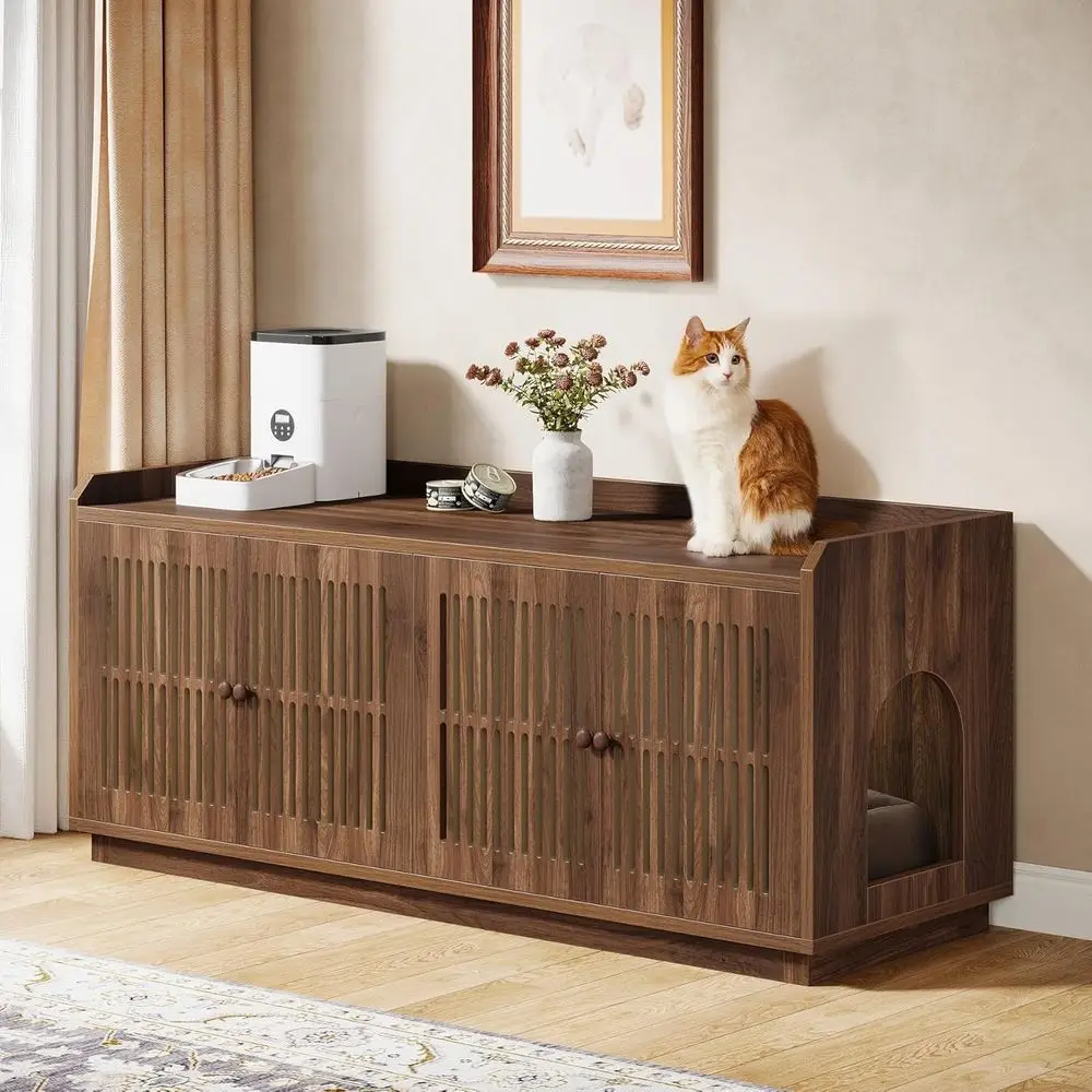 Caja de Arena para Gatos Extra Grande de Madera Rústica Marrón de 55.1 Pulgadas con 2 Gabinetes y Entrada Lateral para Almacenamiento en la Sala de Estar