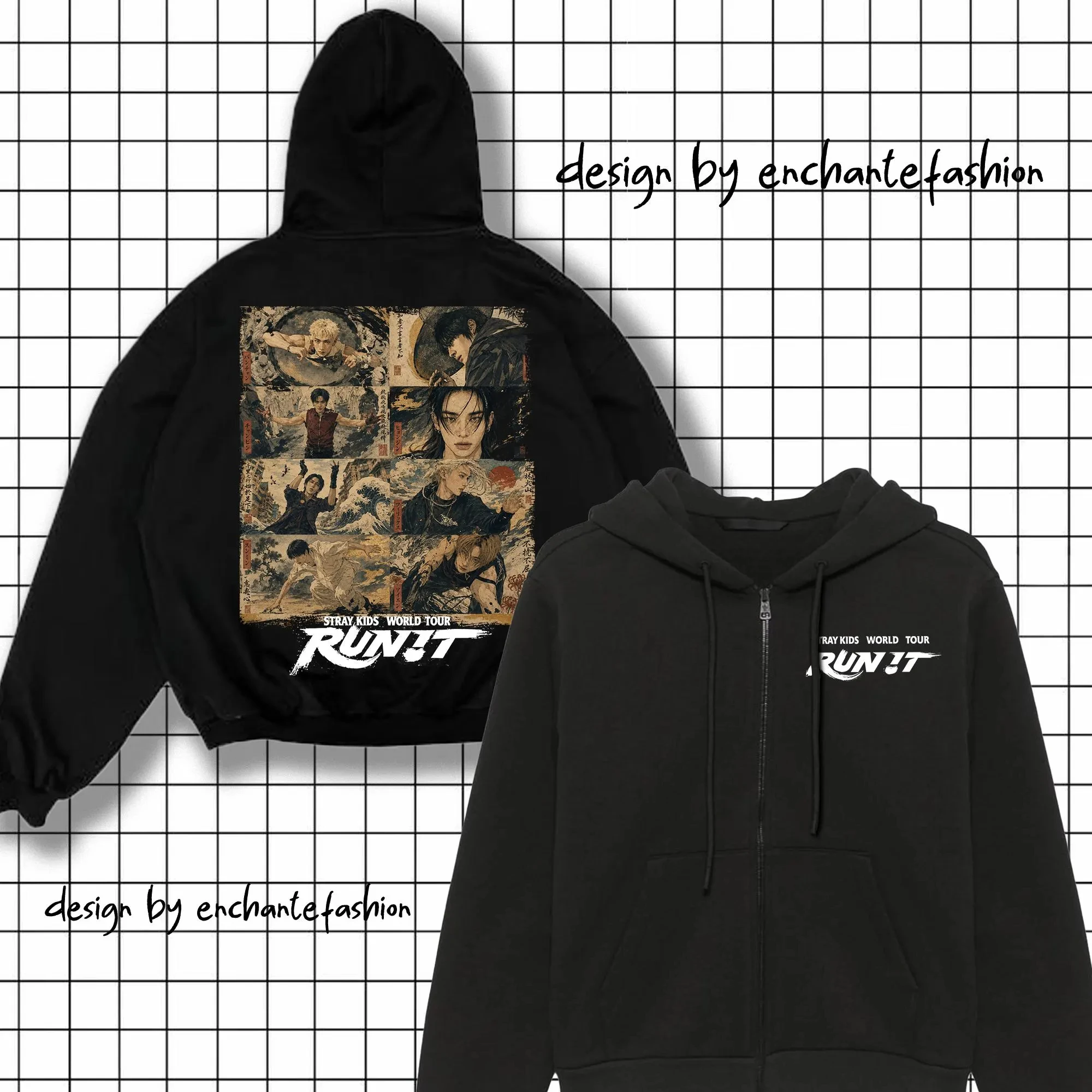 Stray Kids RUN IT World Tour Zip Up Hoodie Kpop Vintage Ukiyo-e Portrait Graphic Print Unisex Oversized Hooded Jacket Fans Merch