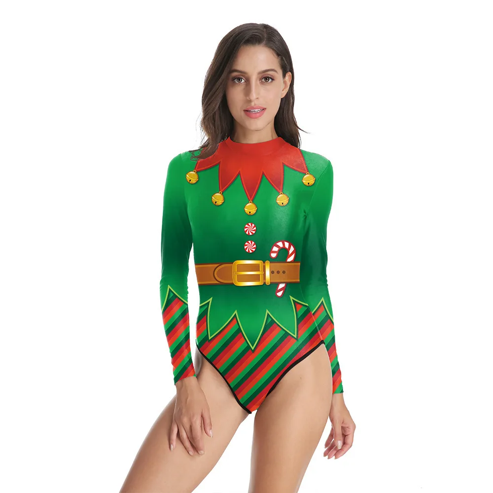 New Long Sleeve Zip Up Women Swimwear 3D Christmas Digital Print Conservative Bikini Set