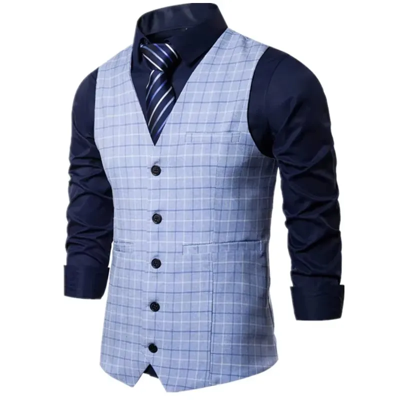 

Men's Blue Plaid Vest, Sleeveless Single Breasted V-Neck Suit Vests, Wedding/Party/Business/Office Waistcoat, Europe Size.