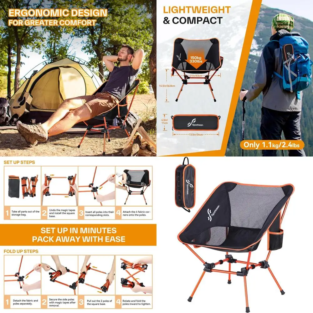 

Портативное складное кресло для кемпинга с боковыми карманами и сумкой для хранения, легкое, для активного отдыха на природе (оранжевое)