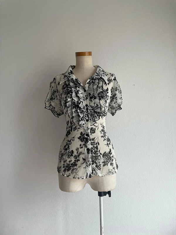 

Original Retro Slim Fit Bla ort Sve Floral Print irt Waist Cinched Summer Top Korean Sle Commute Faion Women's S...