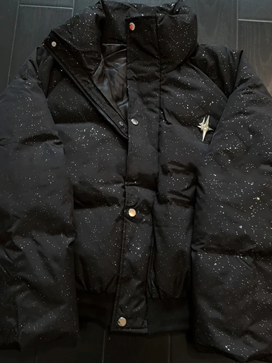 

Мужская модная хлопковая куртка Cleanfit с металлическим буквенным принтом, воротником-стойкой, блестящими элементами, свободного кроя, на молнии, в повседневном городском стиле