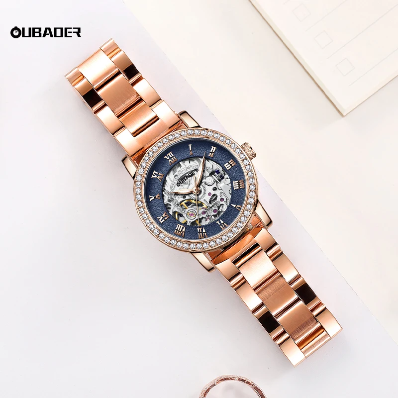 OUBAOER Women Rainbow Series Skeleton Mechanical Watch Stainless Steel Strap Dial Waterproof Fashion Hollow Ladies Wristwatch