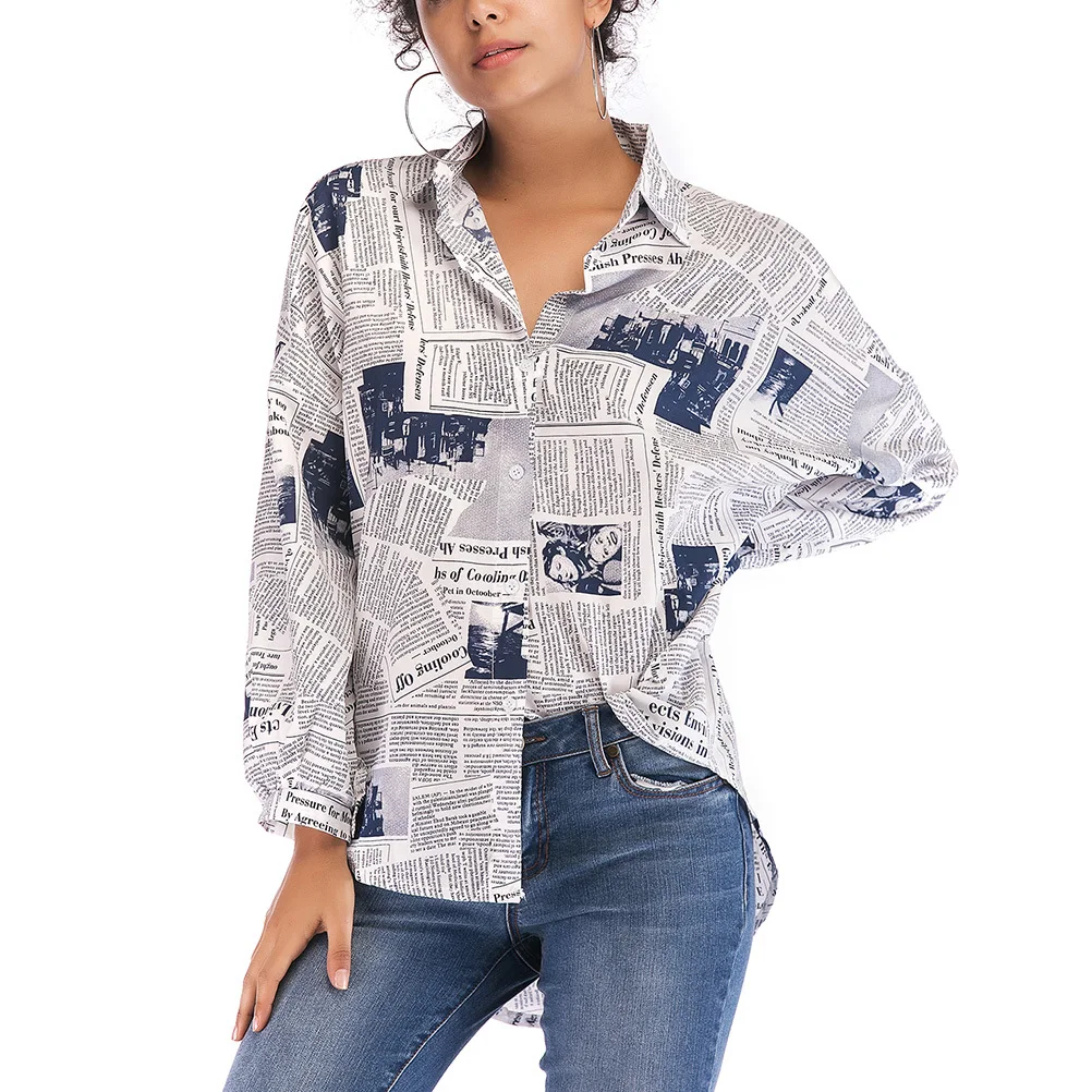

Women Fashion Newspaper Print Shirt Blue Size M Single-Breasted Lapel Long Sleeve Blouse Casual Summer Spring Shirt for Women