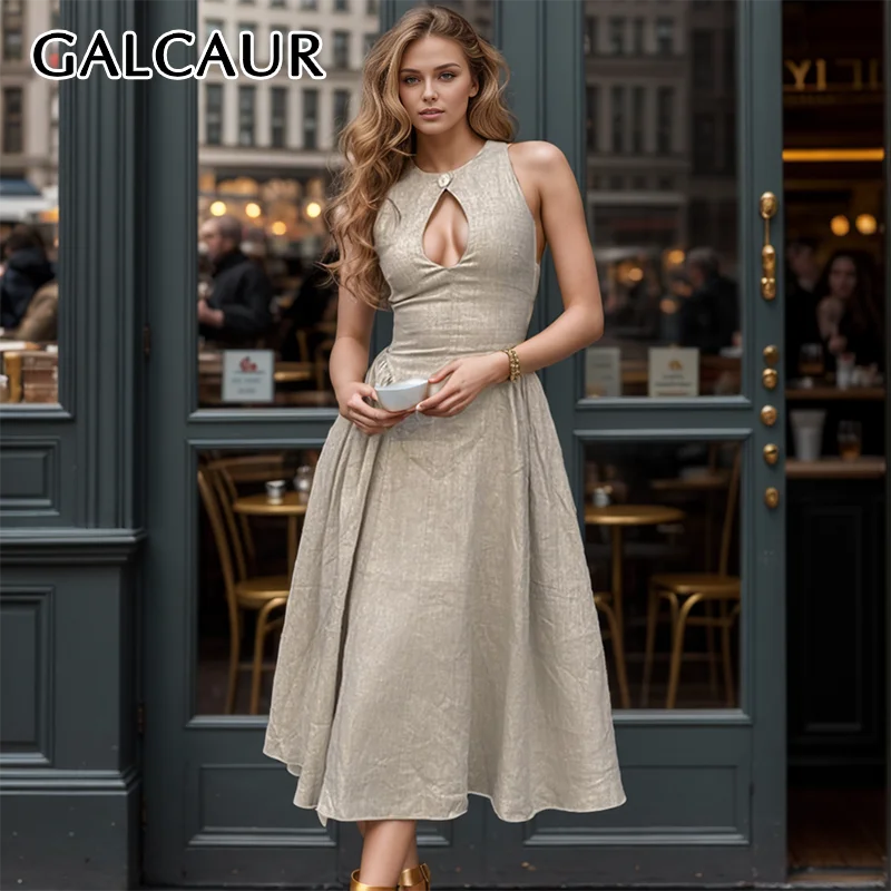 

GALCAUR Casual Hollow Out Tunic Maxi Dress Women O Neck Spliced Single Button Sleeveless Off Shoulder Pleated Dresses Female New