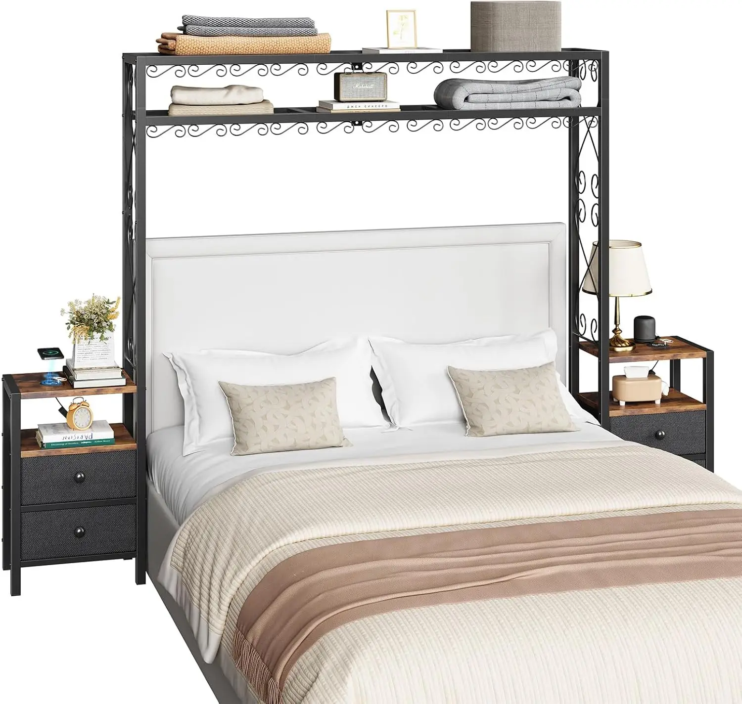 

Headboard For Queen Size Bed With 2 Nightstands, Headboard For Full Size Bed With Usb & Type C Port And Wirel Charging, Metal