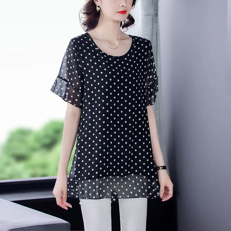 Fashion Brand New Floral Mid-length Polka Dot Style Mother Summer Chiffon Shirt Women Short Sleeve Loose Top