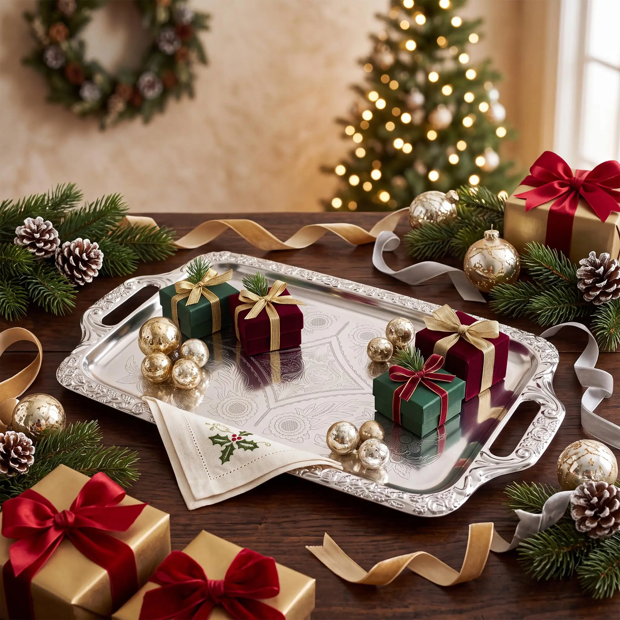 Silver Glossy Serving Trays Set Of 4 Platters For Buffet Party Hosting Kitchen Display Dishwasher Safe With Rolled Edges