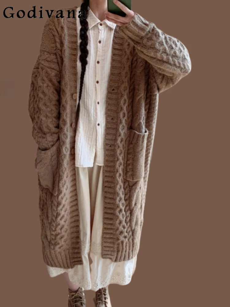 

Autumn Winter Japanese Elegant Retro Thickened Long Sweater Cardigan Fashion Girl Loose Age-reducing V-neck Knitted Wool Sweater