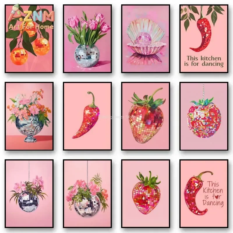 AZNM Pink Disco Ball Fruit Flower Canvas Wall Art, Retro Groovy Strawberry Chili Tulip Print, Trendy Kitchen Dancing Quote Poste