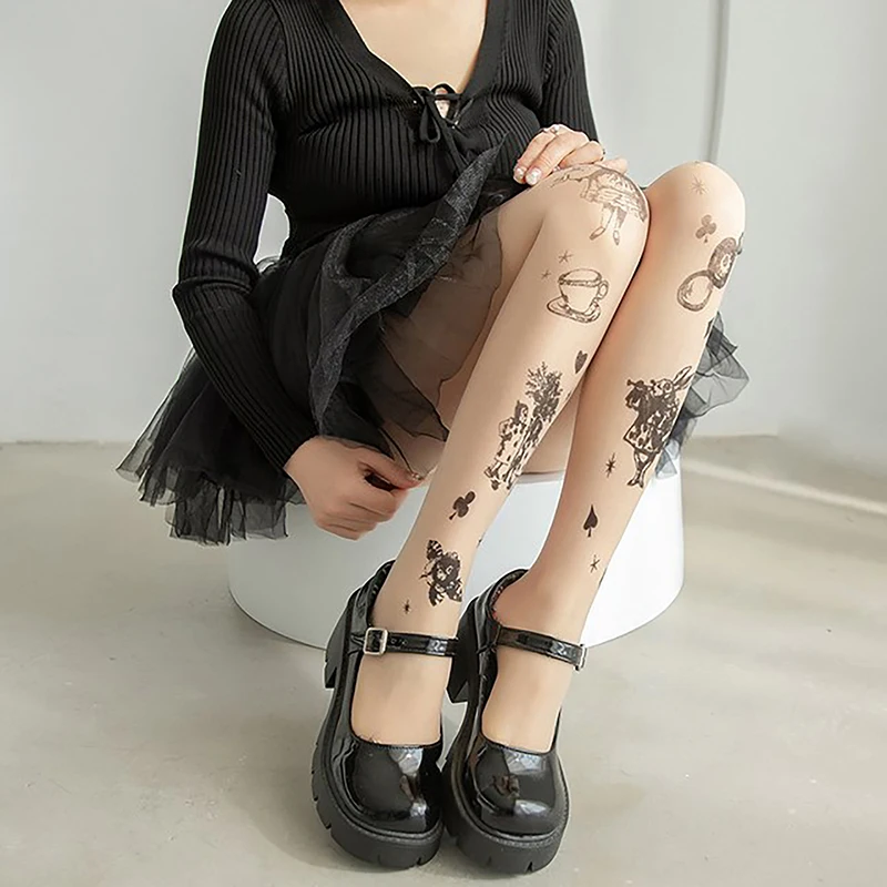 Tatuagem Lolita Girls Tights para Mulheres, Meias Altas para Coxa, Lingerie Sexy, Meias Femininas, Tatuagem JK, Y2K